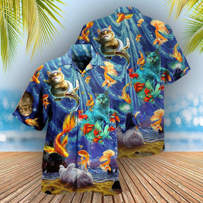Cat Dream About Playing With Big Gold Fish - Hawaiian Shirt 