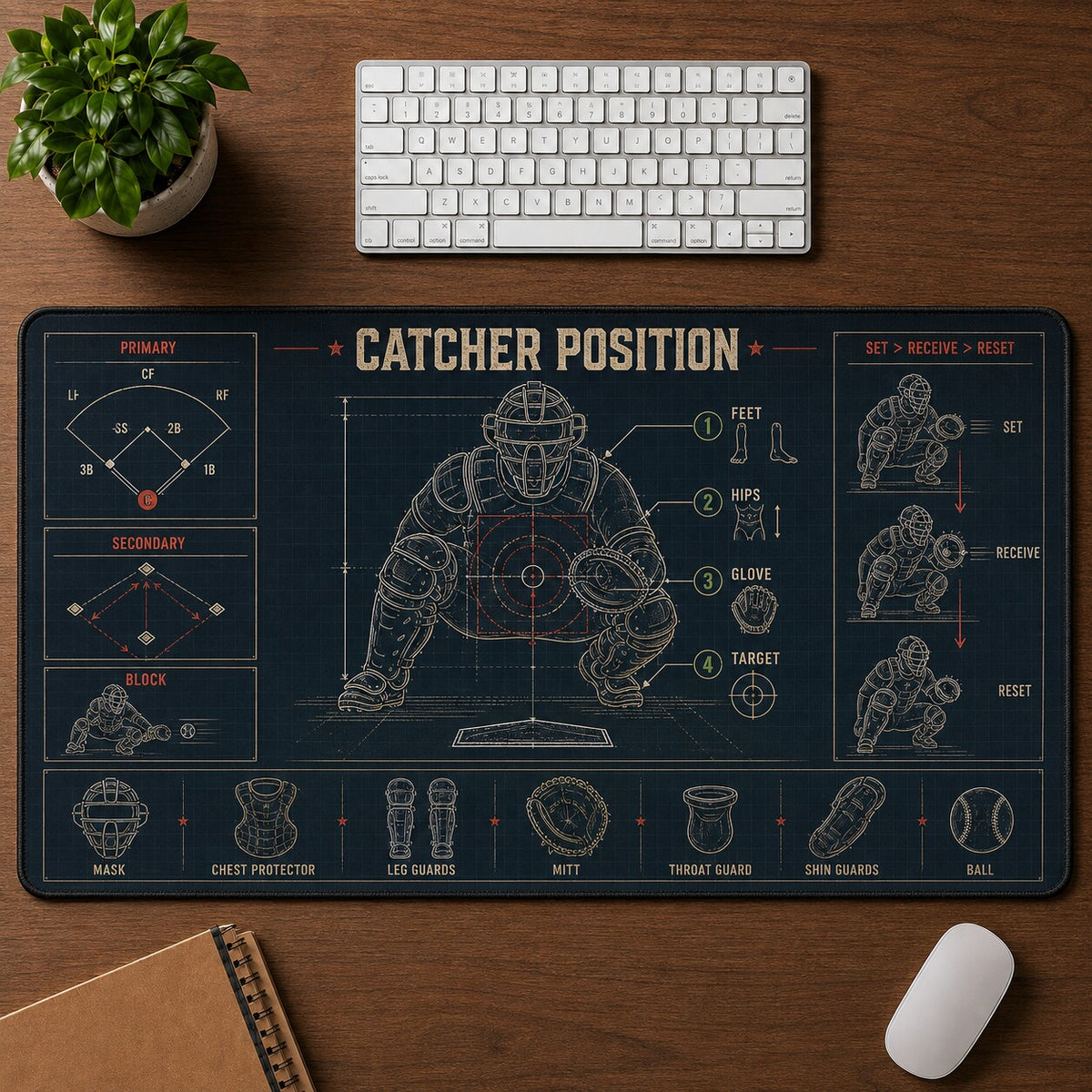 Catcher Position Baseball Blueprint Desk Mat | 5To9Vibe