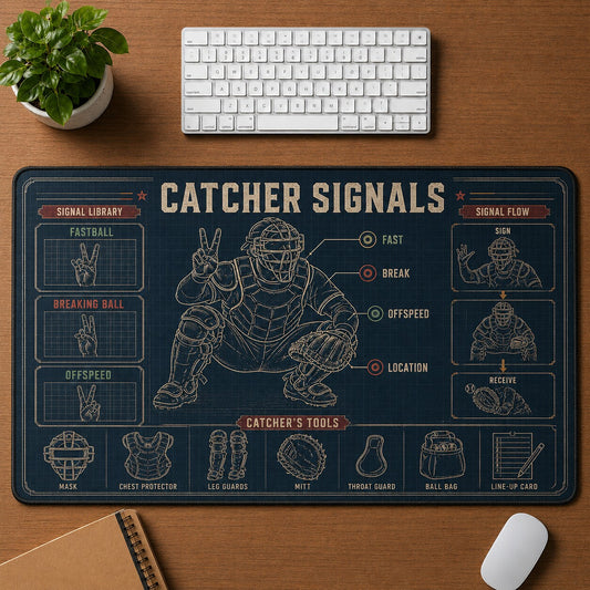 Catcher Signals Baseball Blueprint Desk Mat | 5To9Vibe