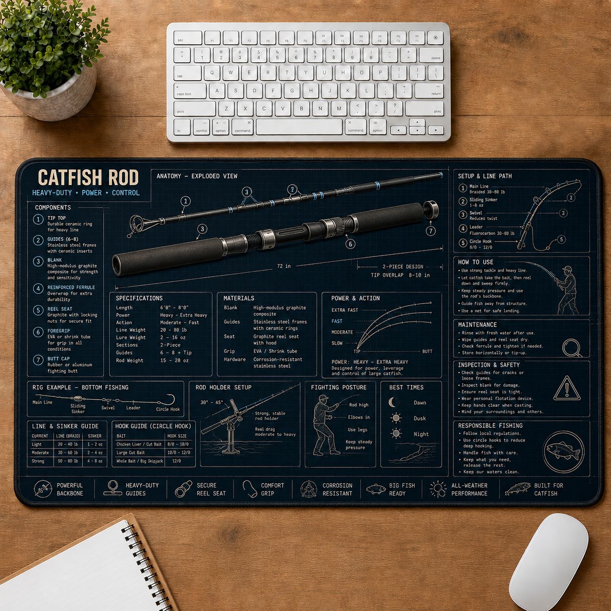 Catfish Rod Fishing Field Guide Desk Mat | 5To9Vibe