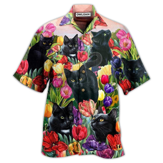Hawaiian Shirt / Adults / S Black Cat Love Flowers Colorfull - Hawaiian Shirt 