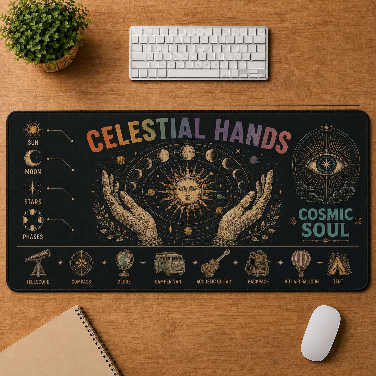 Cosmic Eye Hippie Desk Mat Mouse Pad | 5To9Vibe - Celestial Hands style