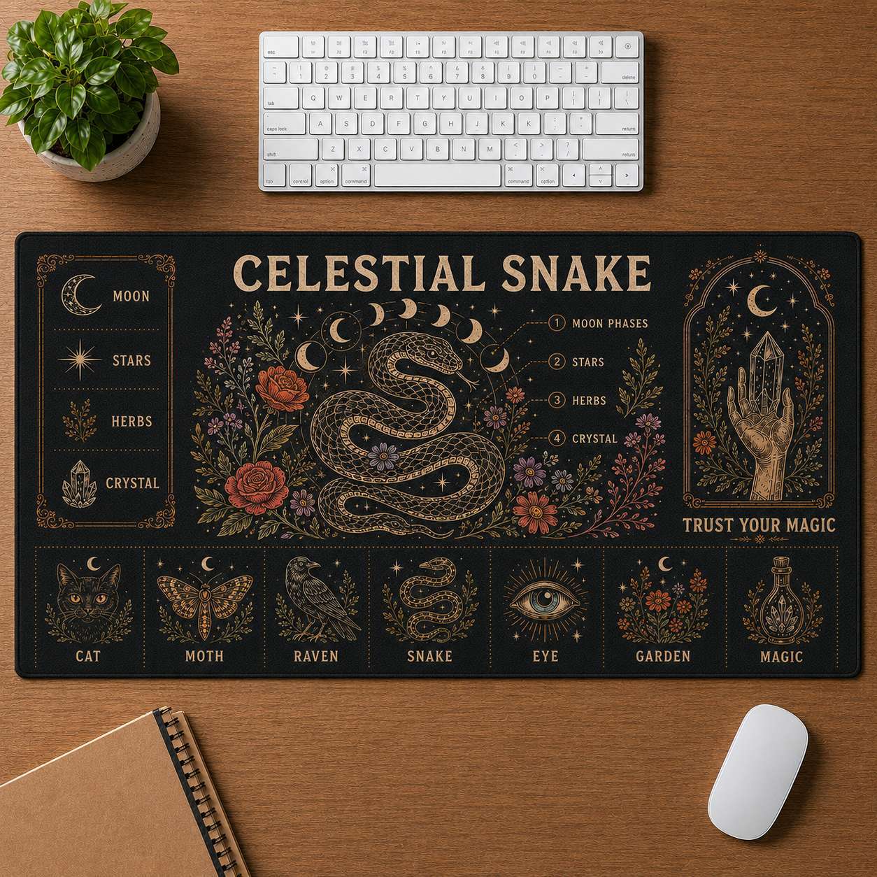 Lunar Magic Hippie Desk Mat Mouse Pad | 5To9Vibe - Celestial Snake style