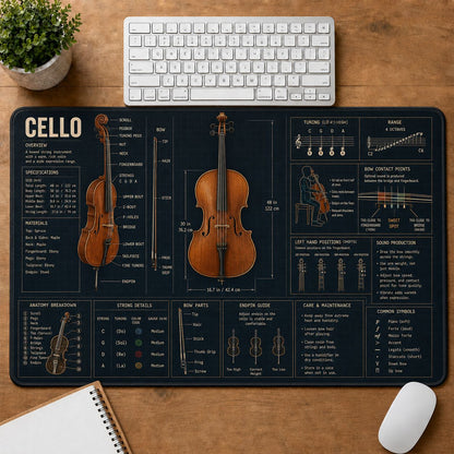 Cello Musical Instrument Blueprint Guide Desk Mat | 5To9Vibe