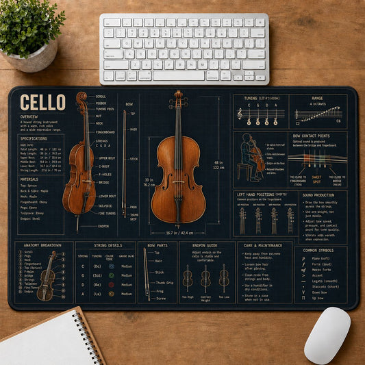 Cello Musical Instrument Blueprint Guide Desk Mat | 5To9Vibe