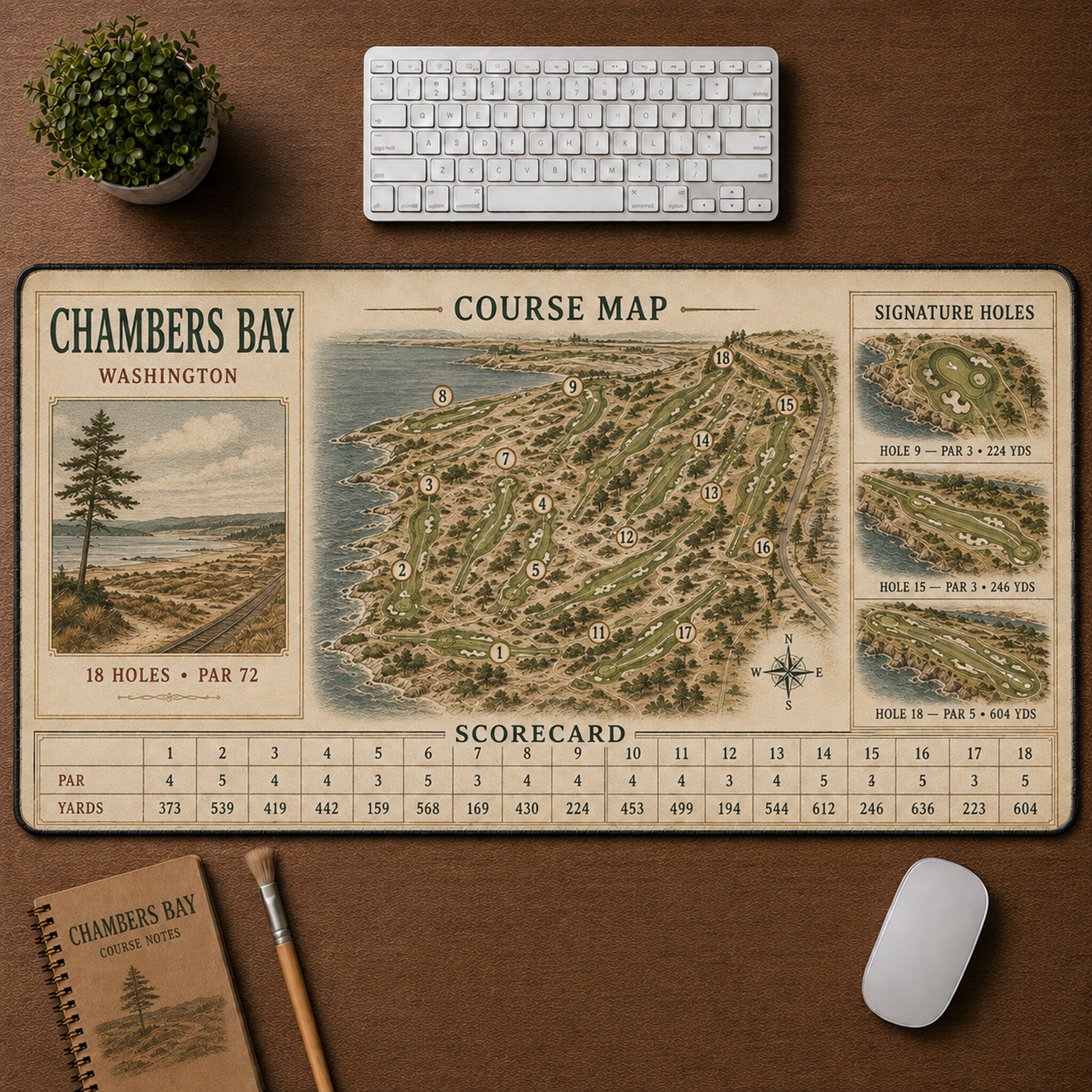 Chambers Bay Vintage Golf Course Map & Scorecard Guide Desk Mat | 5To9Vibe