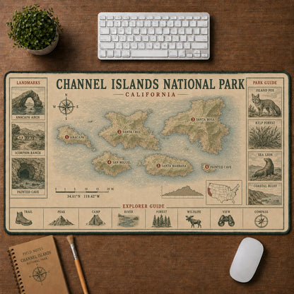 Channel Islands National Park Vintage Topographic Park Map Explorer Guide Desk Mat | 5To9Vibe