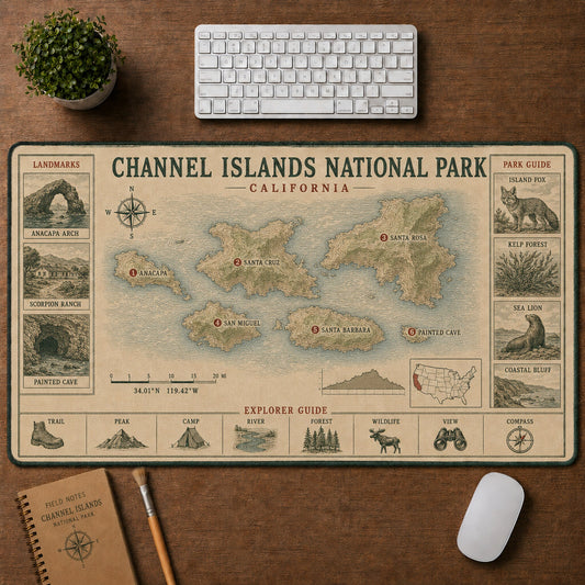 Channel Islands National Park Vintage Topographic Park Map Explorer Guide Desk Mat | 5To9Vibe