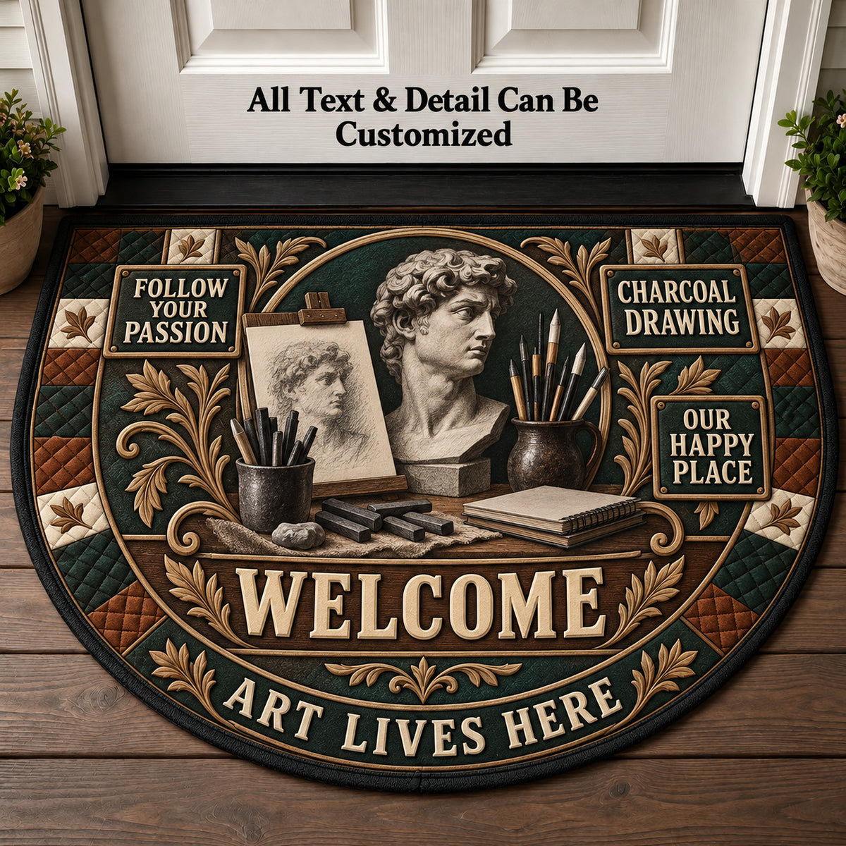Charcoal Drawing Personalized Half Round Mat | 5To9Vibe