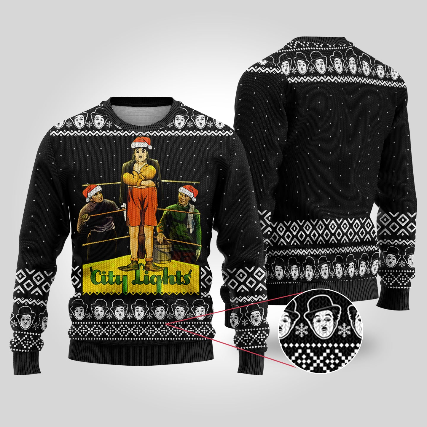 Charlie Chaplin City Lights Ugly Christmas Sweater Black - Funny Ugly Christmas Sweater
