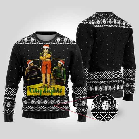 Charlie Chaplin City Lights Ugly Christmas Sweater Black - Funny Ugly Christmas Sweater