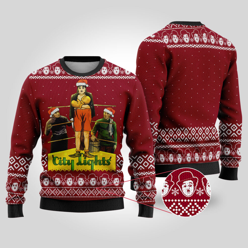 Charlie Chaplin City Lights Ugly Christmas Sweater Cardinal Red - Funny Ugly Christmas Sweater