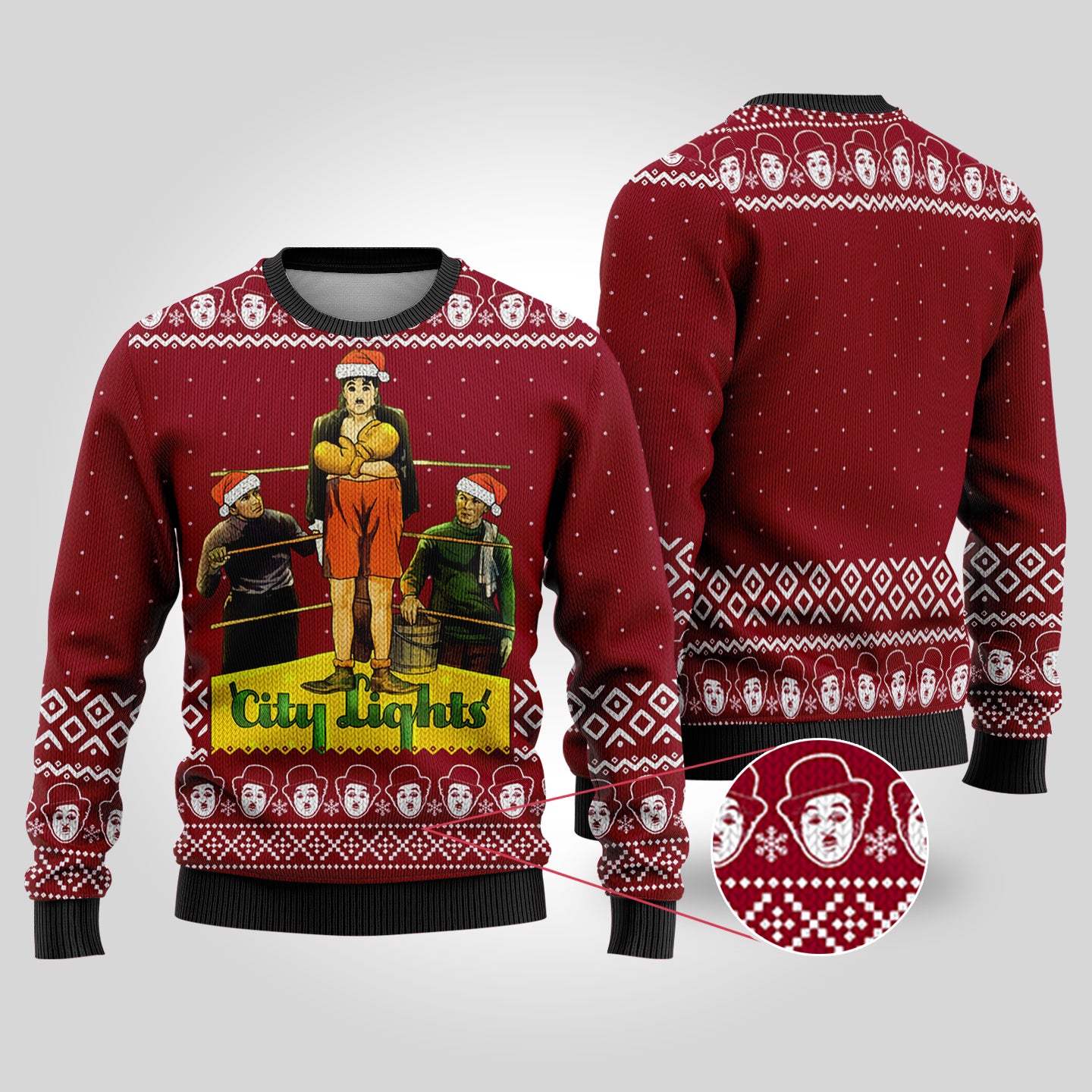 Charlie Chaplin City Lights Ugly Christmas Sweater Cardinal Red - Funny Ugly Christmas Sweater