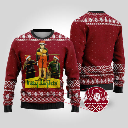 Charlie Chaplin City Lights Ugly Christmas Sweater Cardinal Red - Funny Ugly Christmas Sweater