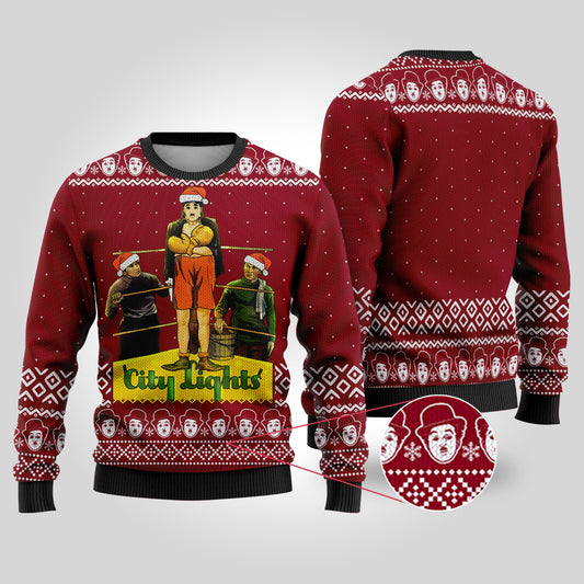 Charlie Chaplin City Lights Ugly Christmas Sweater Cardinal Red - Funny Ugly Christmas Sweater