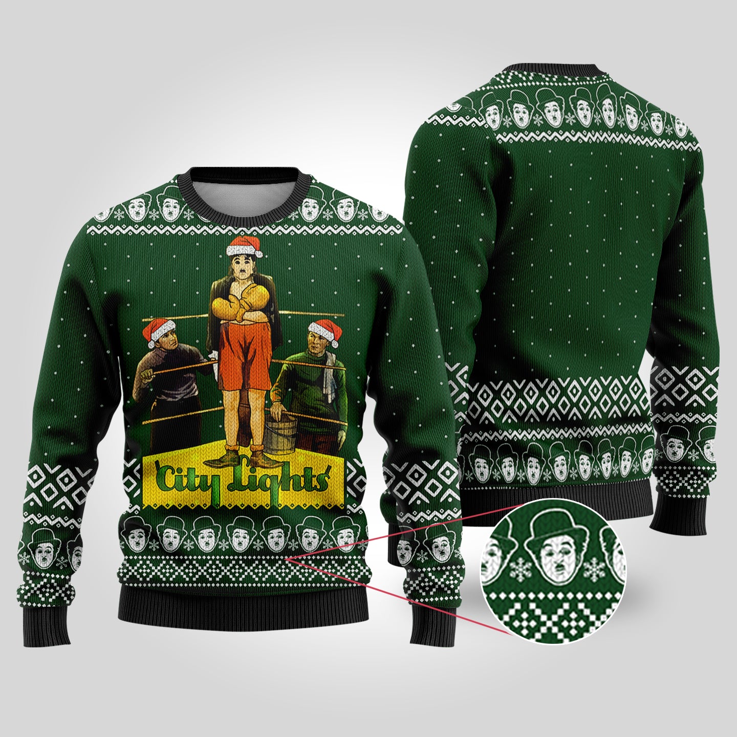 Charlie Chaplin City Lights Ugly Christmas Sweater Forest Green - Funny Ugly Christmas Sweater