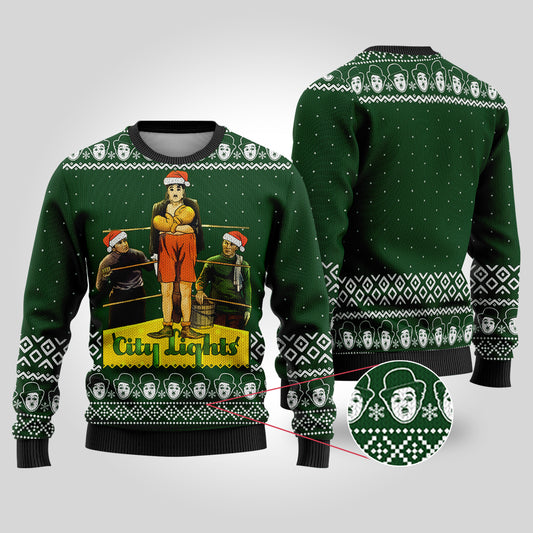 Charlie Chaplin City Lights Ugly Christmas Sweater Forest Green - Funny Ugly Christmas Sweater