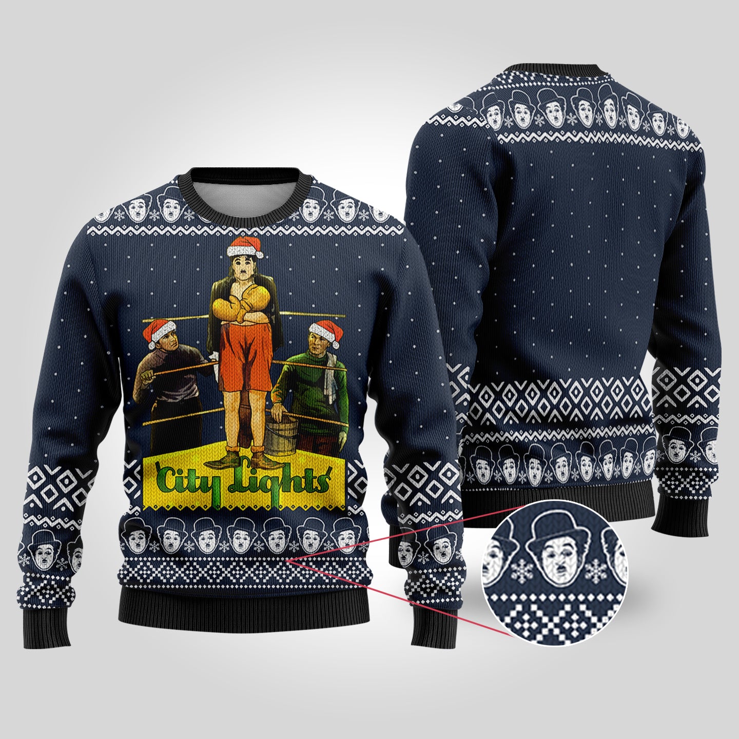 Charlie Chaplin City Lights Ugly Christmas Sweater Navy - Funny Ugly Christmas Sweater