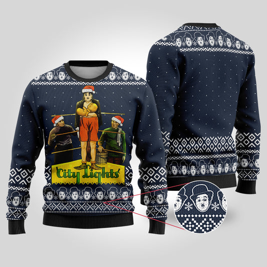 Charlie Chaplin City Lights Ugly Christmas Sweater Navy - Funny Ugly Christmas Sweater