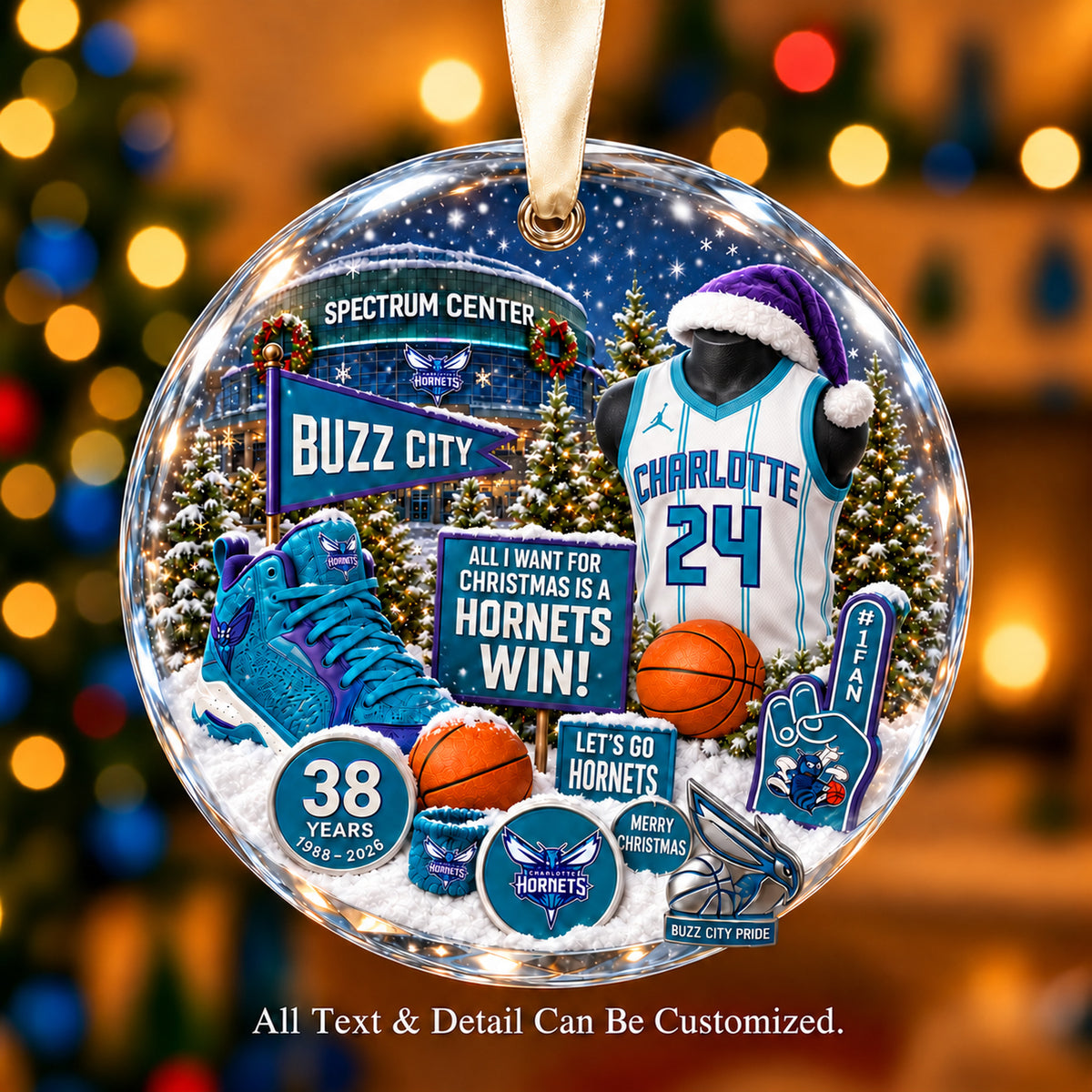 Charlotte Hornets Jersey Snow Globe Glass Ornament