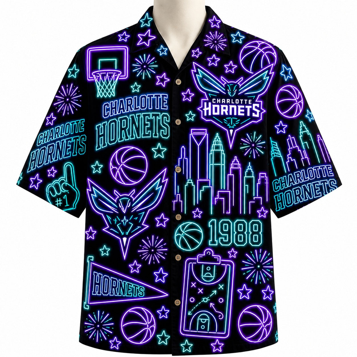 All Basketball Teams Neon Pattern Vibe Summer Party Button-Up Unisex Hawaiian Shirt For Men and Women
