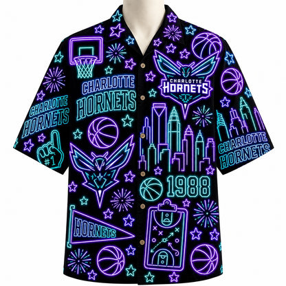 All Basketball Teams Neon Pattern Vibe Summer Party Button-Up Unisex Hawaiian Shirt For Men and Women
