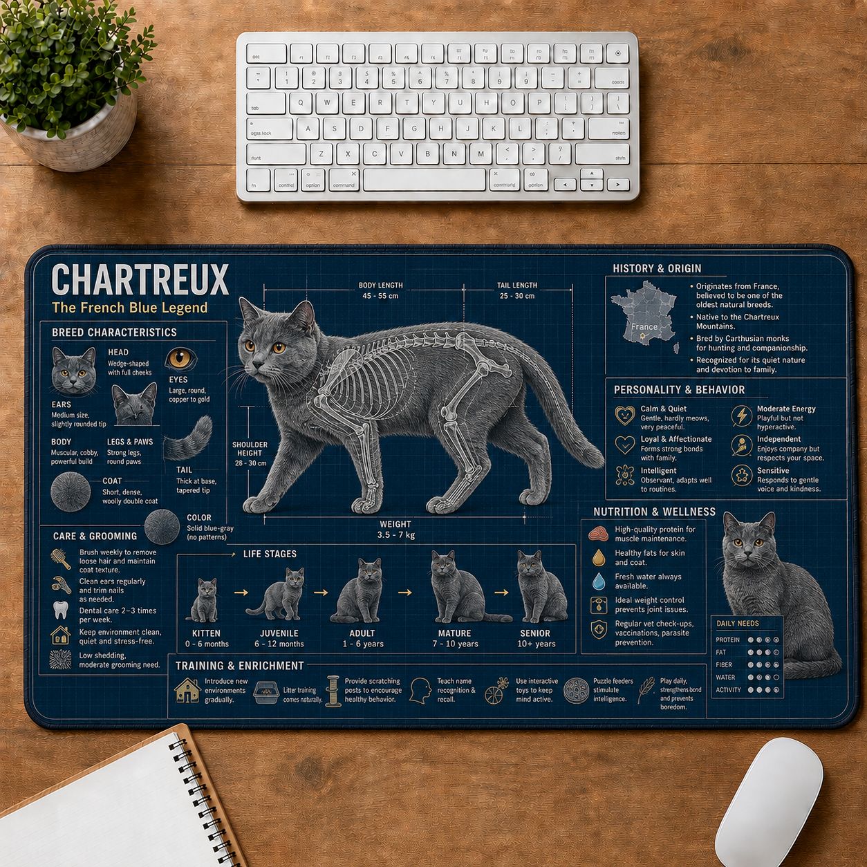 Chartreux Cat Breed Desk Mat Anatomy Guide | 5To9Vibe