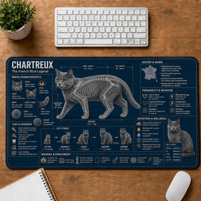 Chartreux Cat Breed Desk Mat Anatomy Guide | 5To9Vibe
