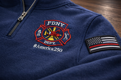 Firefighter America 250 Anniversary Embroidered Logo Premium Quarter Zip Sweatshirt, Inspired Quarter Zip Sweater