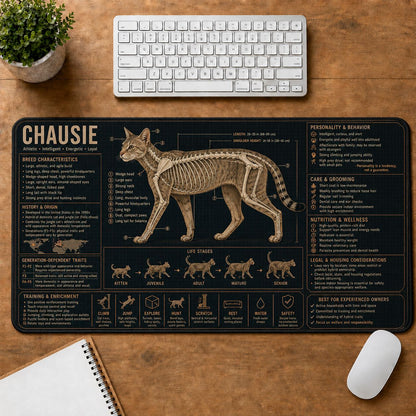 Chausie Cat Breed Desk Mat Anatomy Guide | 5To9Vibe