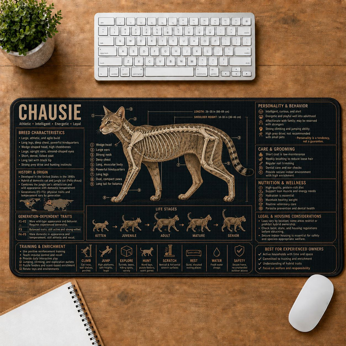 Chausie Cat Breed Desk Mat Anatomy Guide | 5To9Vibe