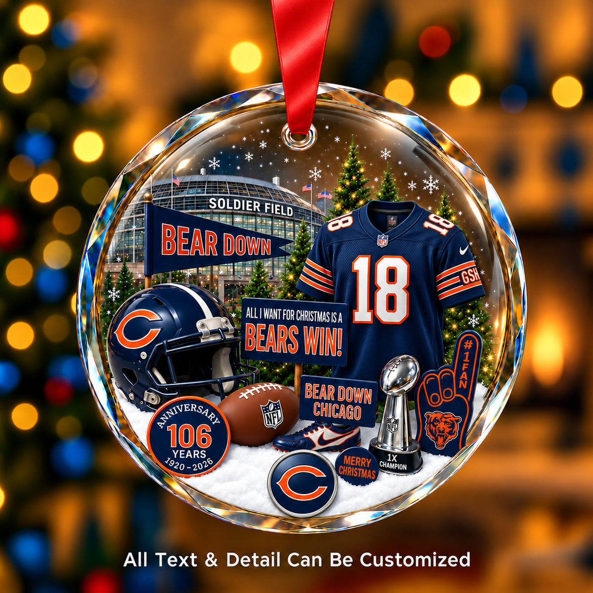 Chicago Bears Jersey Snow Globe Glass Ornament