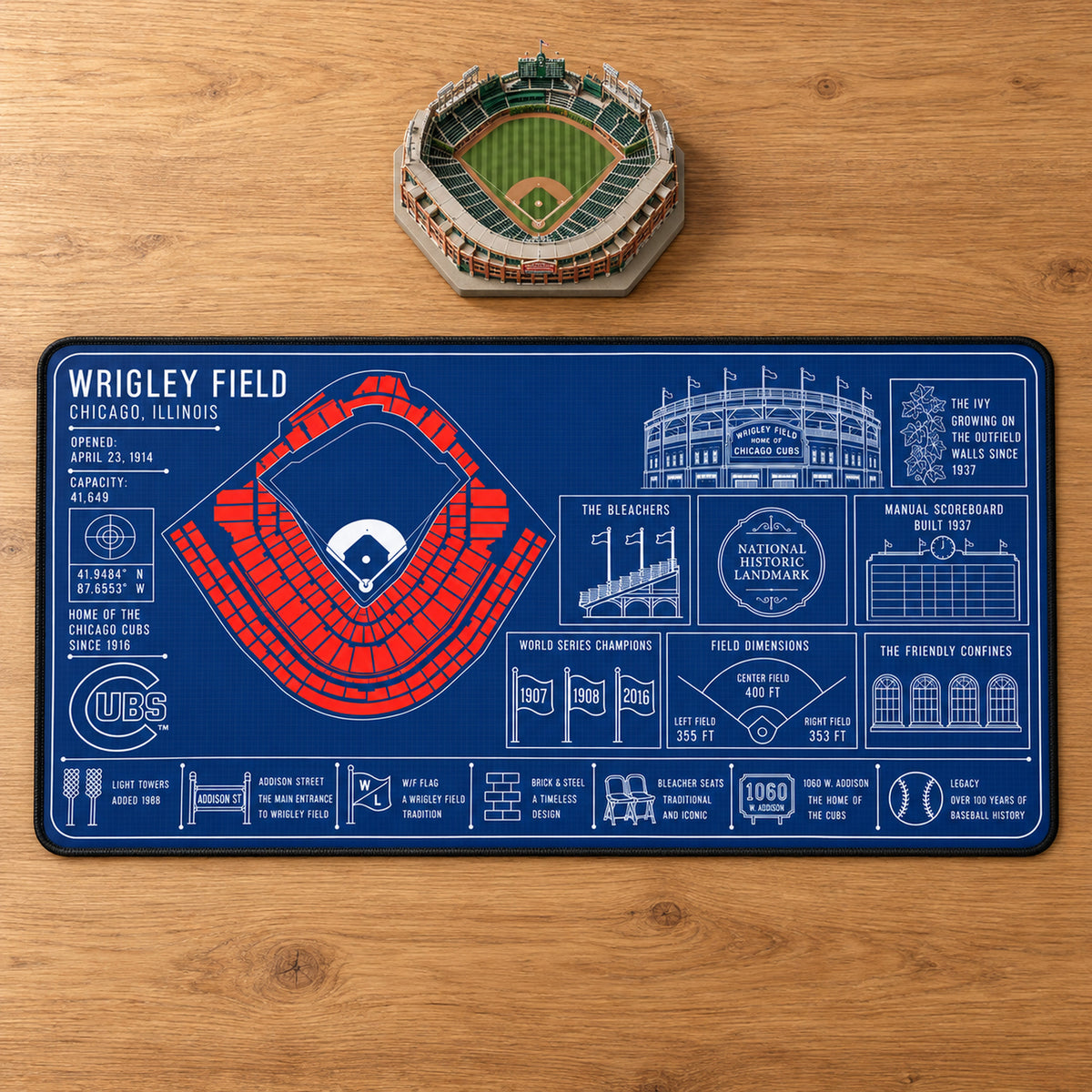 Chicago Cubs Wrigley Field blueprint desk mat, 16" x 32", on a wooden desk with a decorative stadium model
