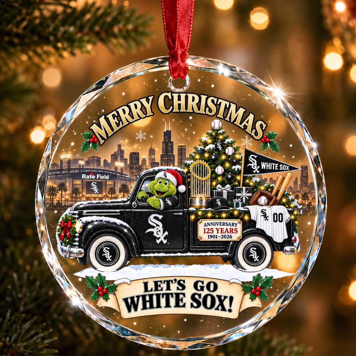 All Baseball Teams Christmas Truck Round Glass Ornament  With Red Gift Box | 5to9vibe