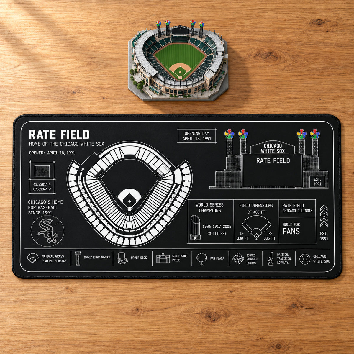 Chicago White Sox Rate Field blueprint desk mat, 16" x 32", on a wooden desk with a decorative stadium model