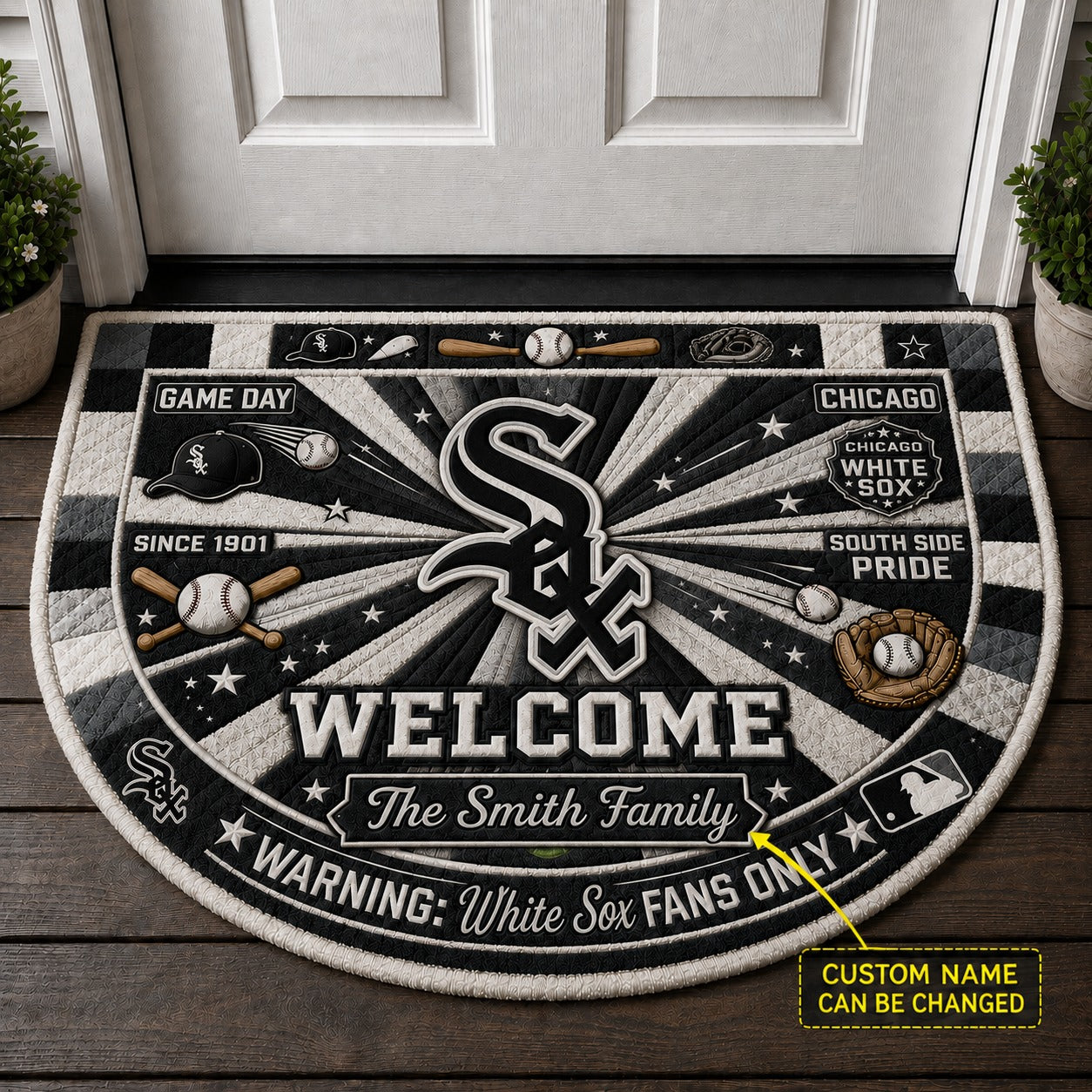 Official-Inspired Baseball Fan Custom Quilted Print Premium Welcome Mat Washable Black Border – Personalized Baseball Doormat