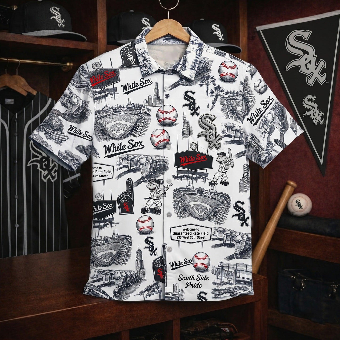 Camisa Hawaiana Unisex Abotonada CWS Baseball Stadium Slogan Edición Legado Vintage