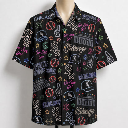 TBJ Baseball Teams Neon Pattern Vibe Summer Party Button-Up Unisex Hawaiian Shirt For Men and Women