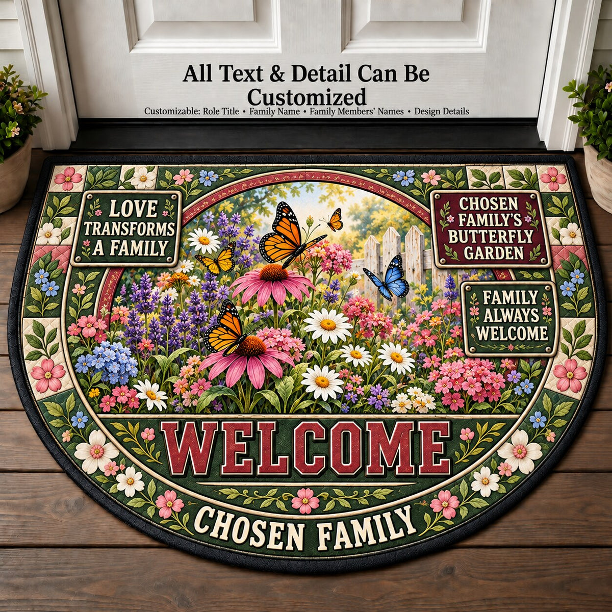 Chosen Family's Butterfly Garden Personalized Half Round Mat | 5To9Vibe