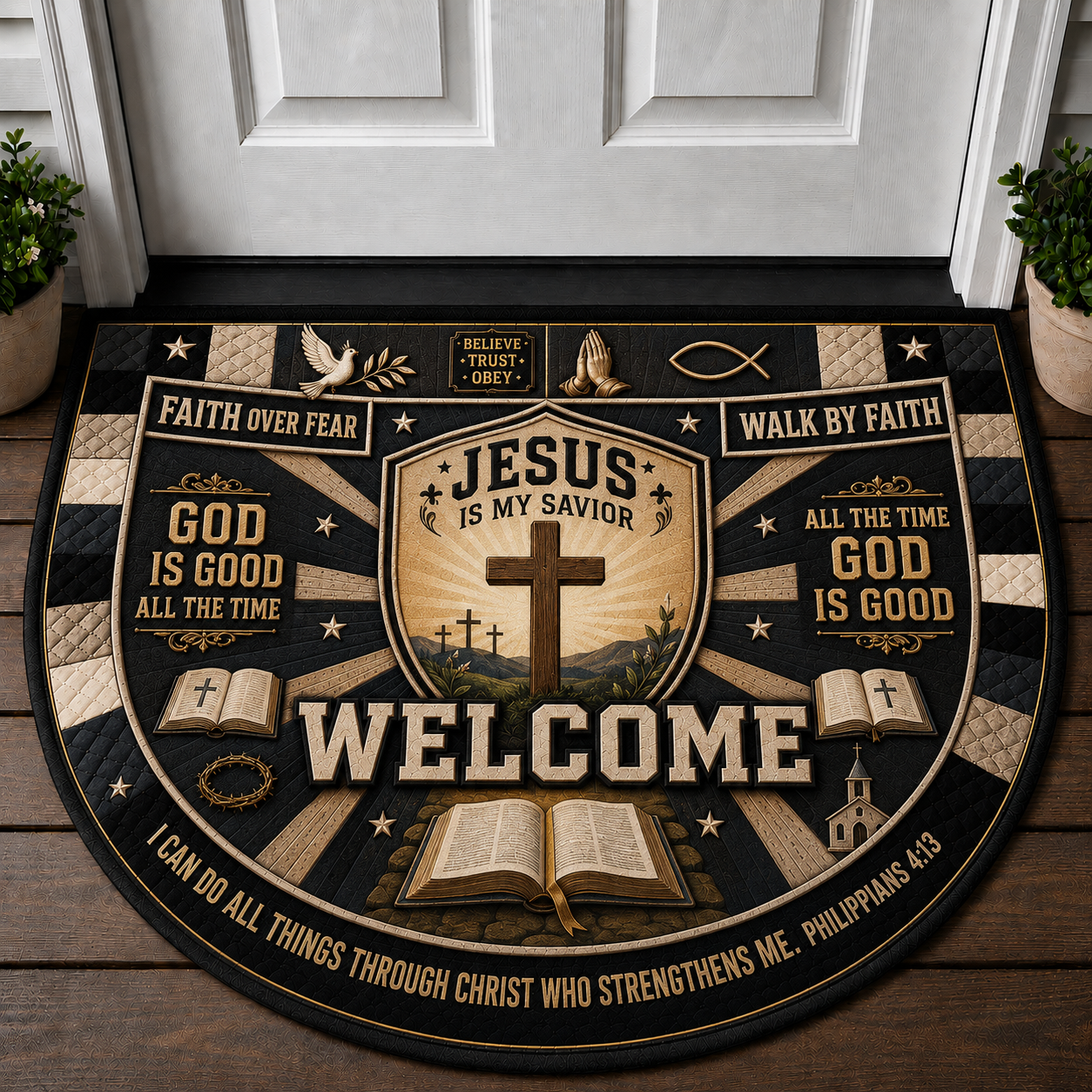 Jesus Welcome Mat - With God All Things Are Possible Christian Shield Doormat - 5to9vibe