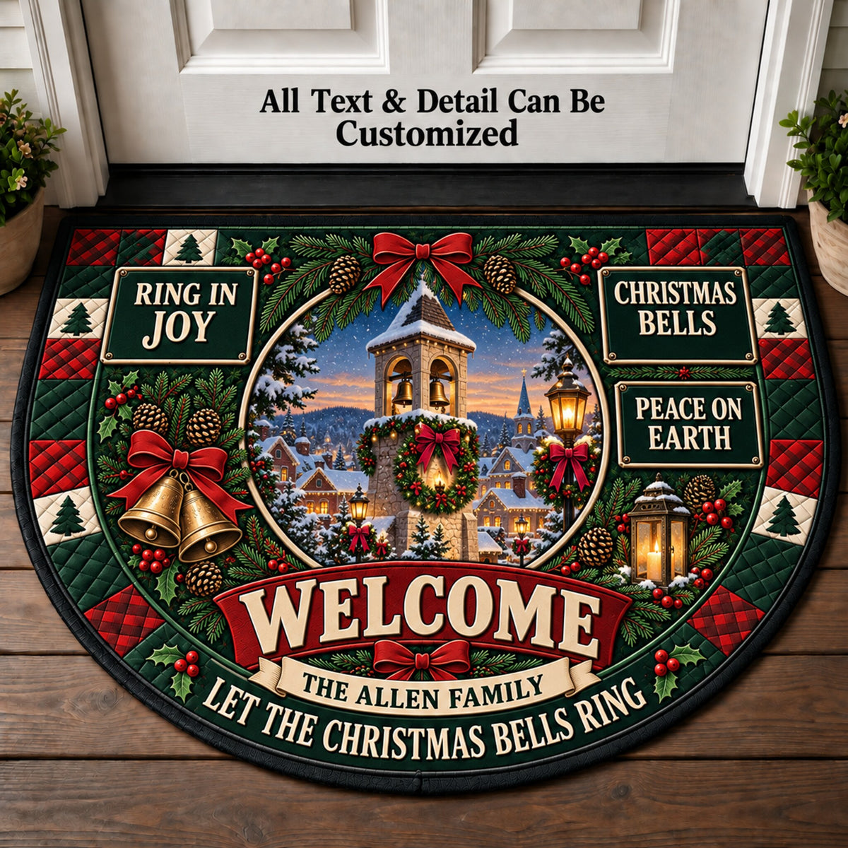 Christmas Bell Tower Personalized Half Round Mat | 5To9Vibe