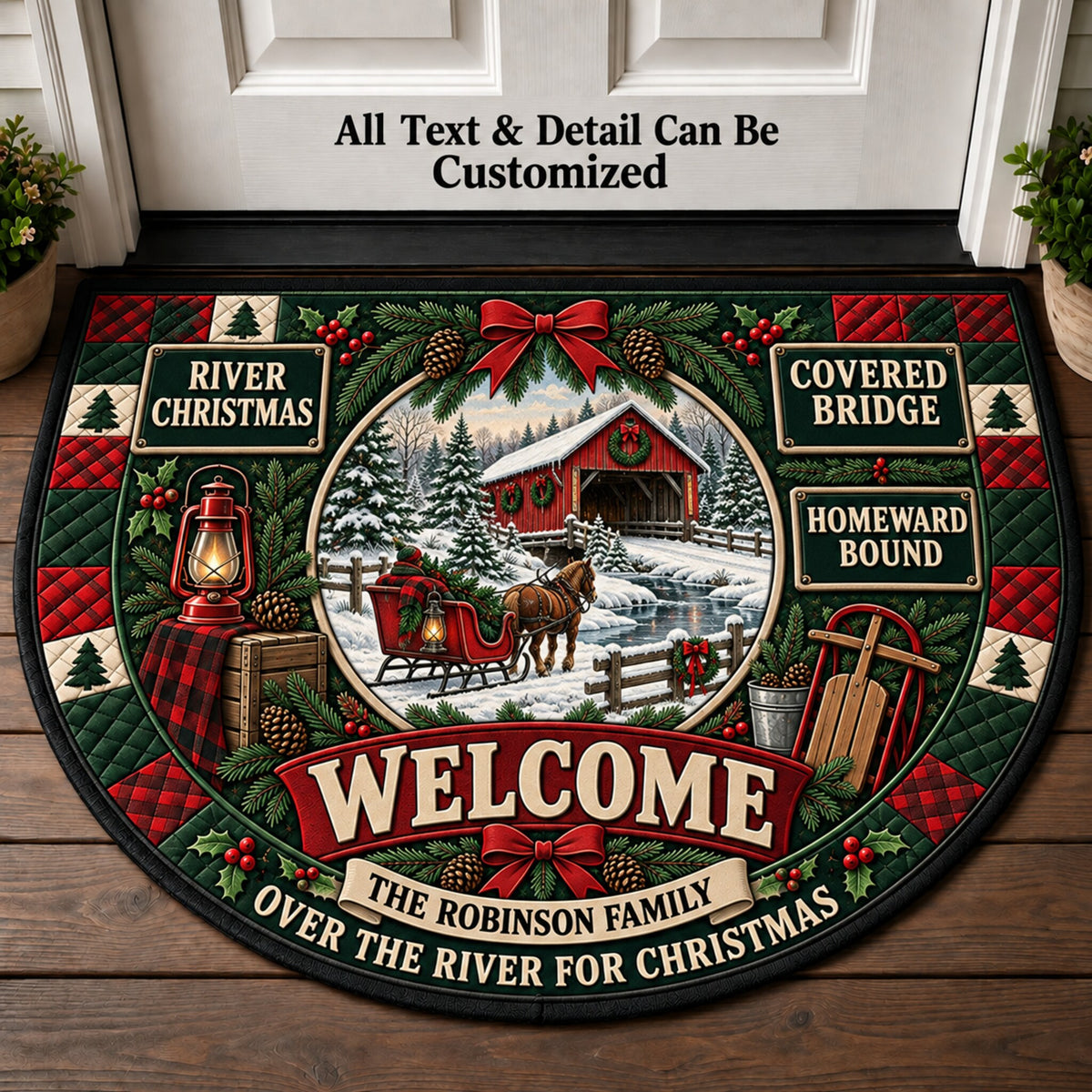 Christmas Covered Bridge Personalized Half Round Mat | 5To9Vibe