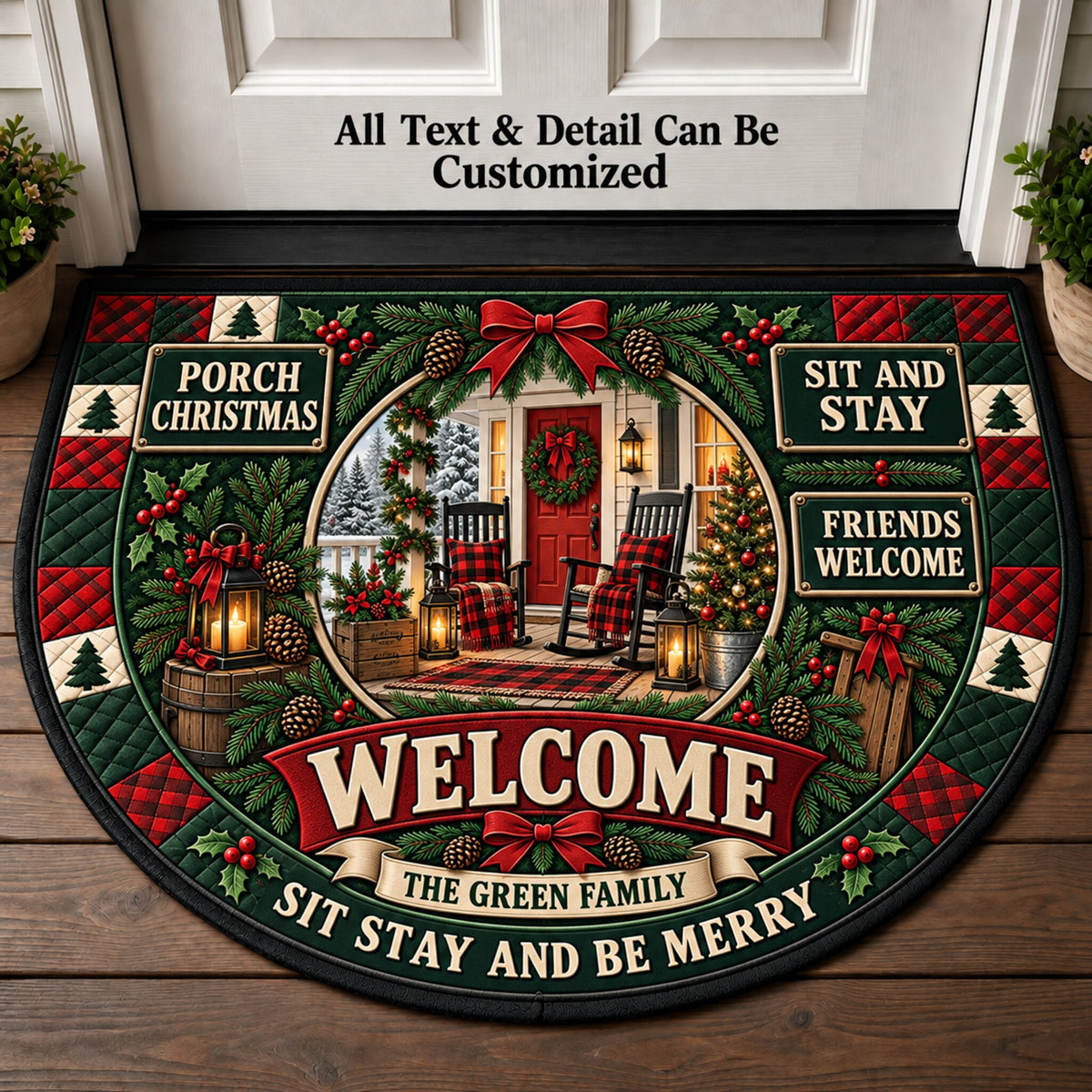 Christmas Farmhouse Porch Personalized Half Round Mat | 5To9Vibe