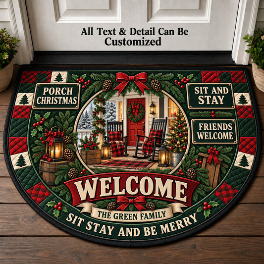Christmas Farmhouse Porch Personalized Half Round Mat | 5To9Vibe