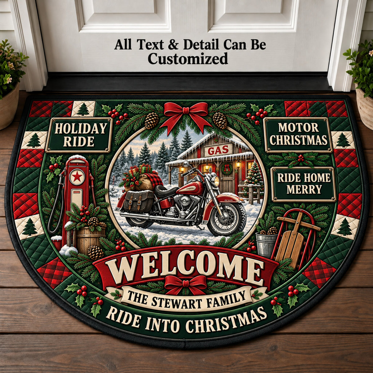 Christmas Motorcycle Personalized Half Round Mat | 5To9Vibe