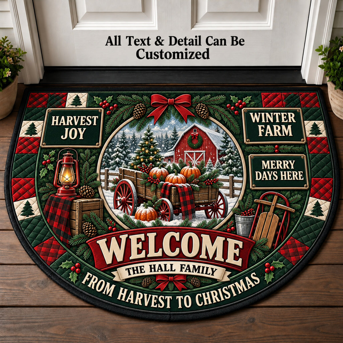 Christmas Pumpkin Farm Personalized Half Round Mat | 5To9Vibe