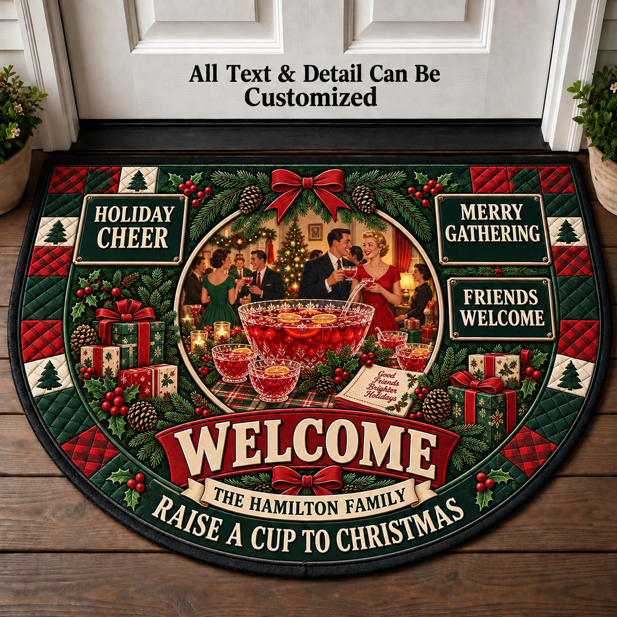 Christmas Punch Bowl Personalized Half Round Mat | 5To9Vibe