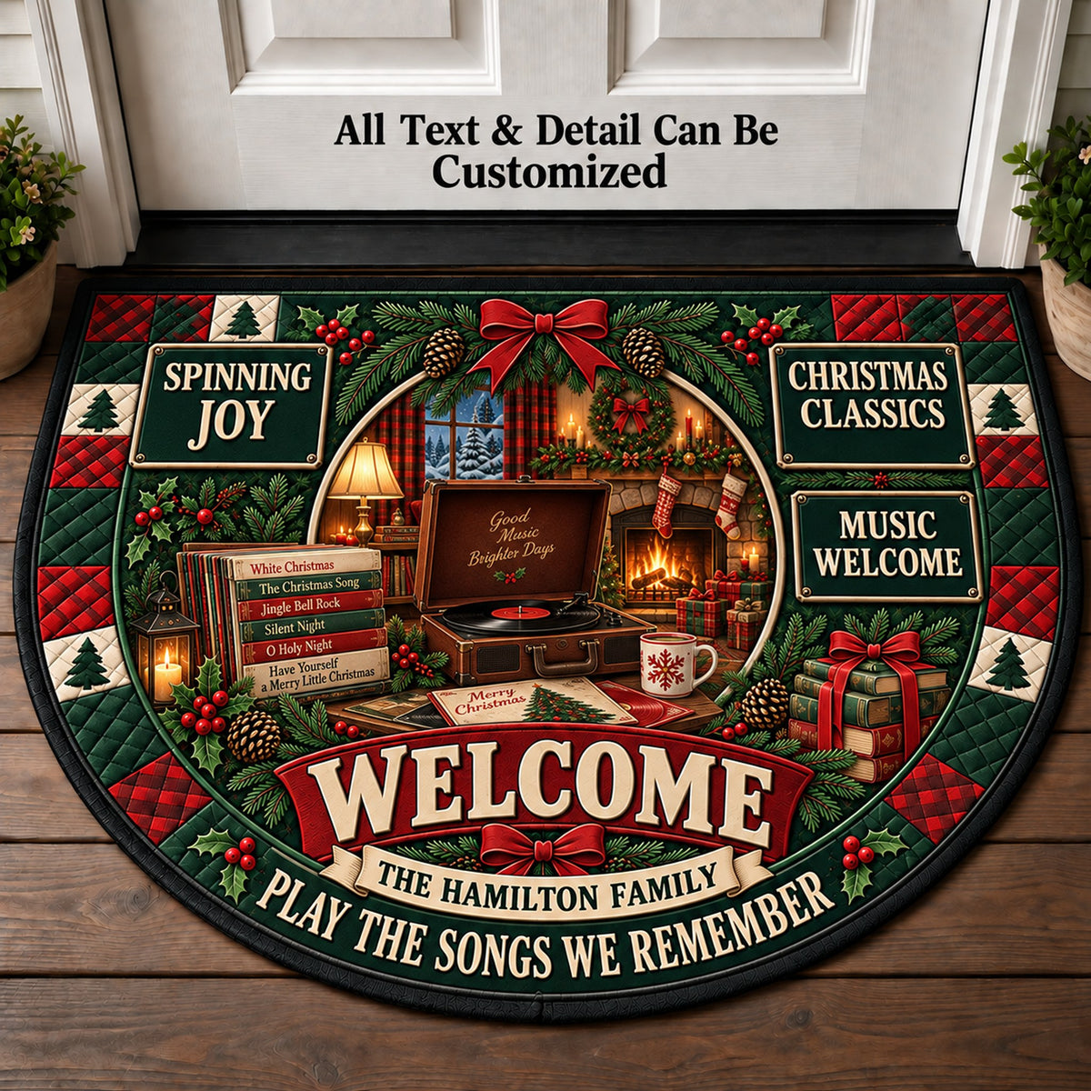 Christmas Record Player Personalized Half Round Mat | 5To9Vibe
