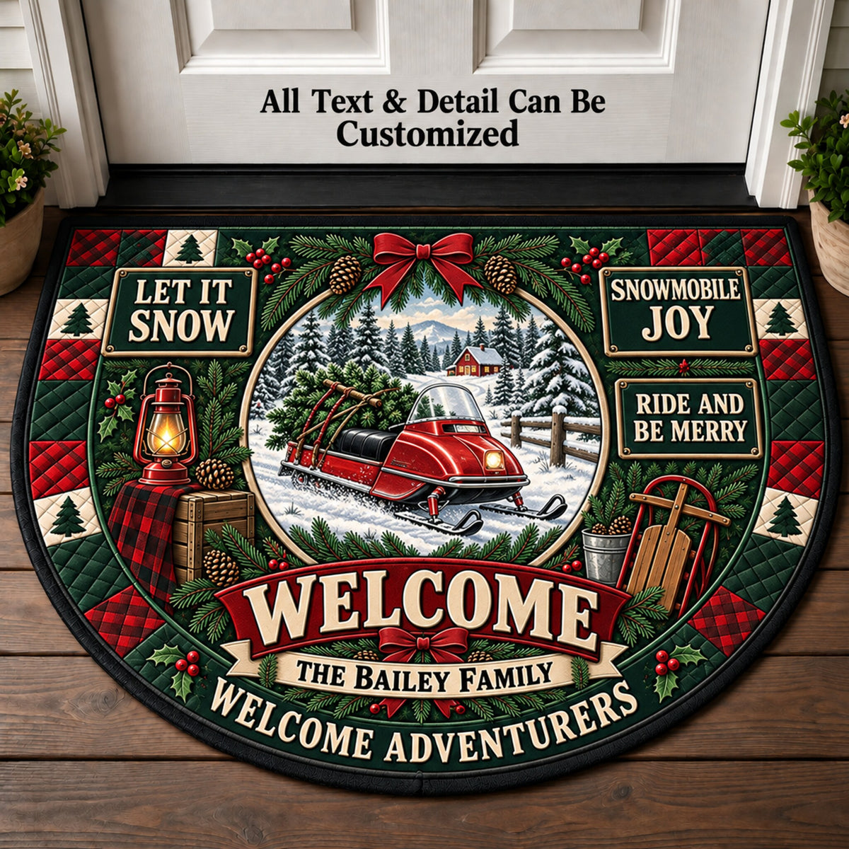 Christmas Snowmobile Personalized Half Round Mat | 5To9Vibe
