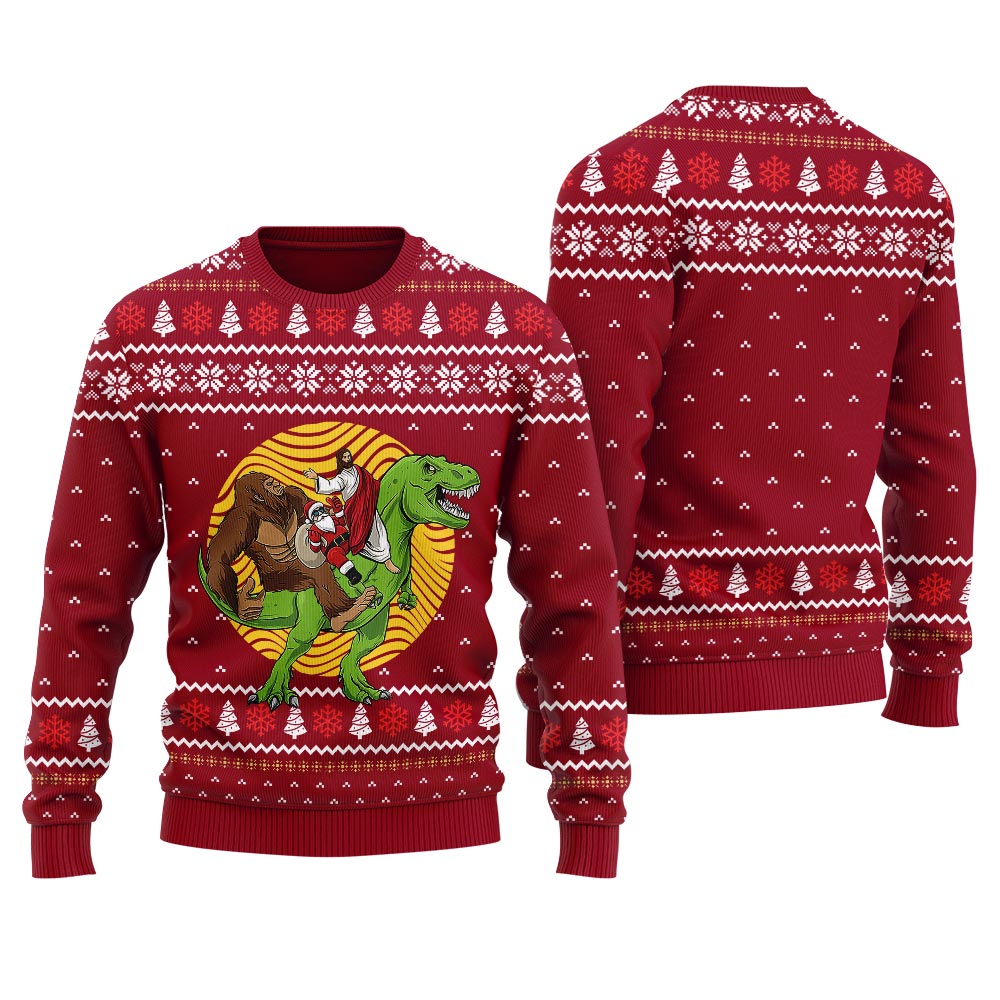 Bigfoot Jesus Santa Riding Dinosaur Mens Christmas Sweater